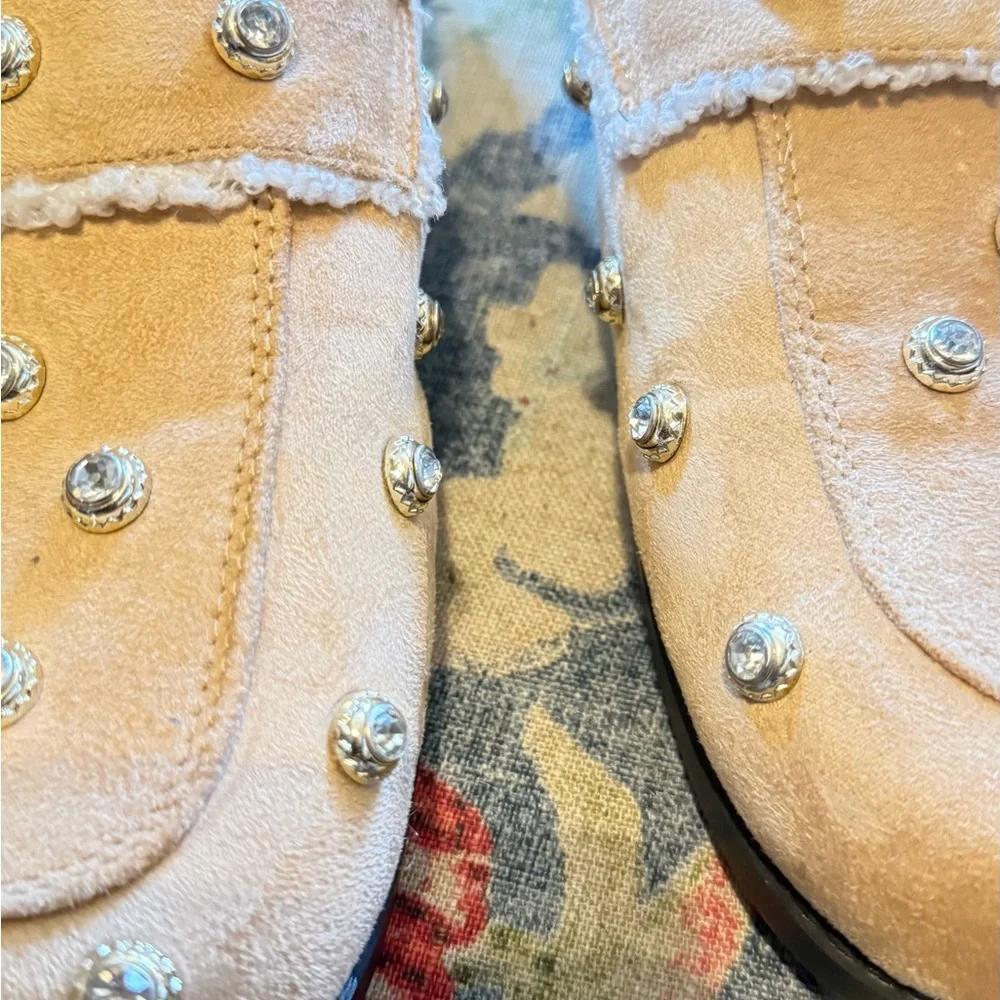Studded Suede Shearling-Trim Mule Clogs worn once around the house - Picture 14 of 15